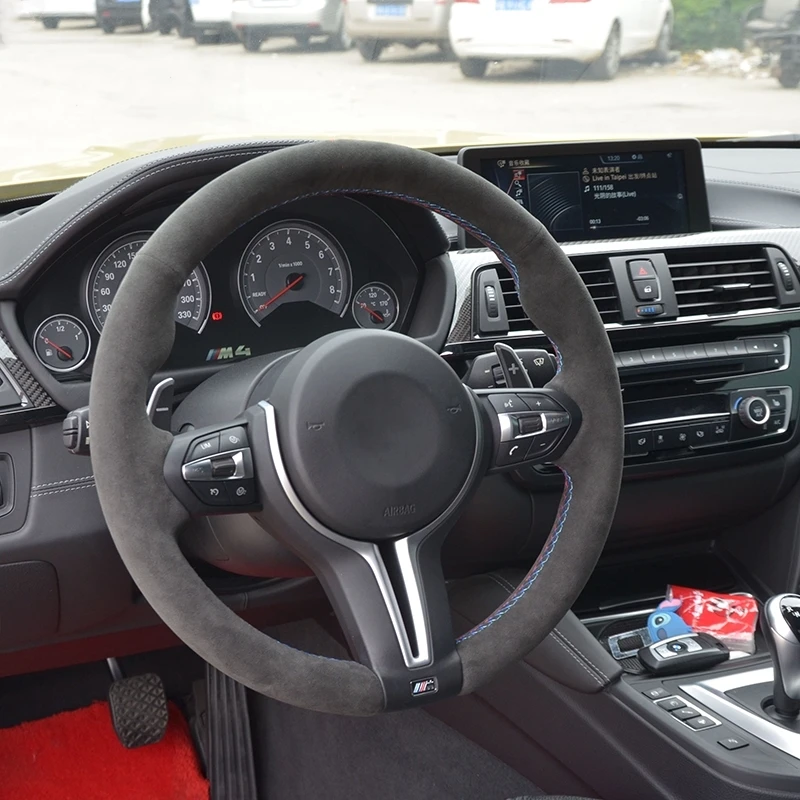 Черный Алькантара рука сшитый чехол рулевого колеса автомобиля для BMW M3 F30 320d 328i