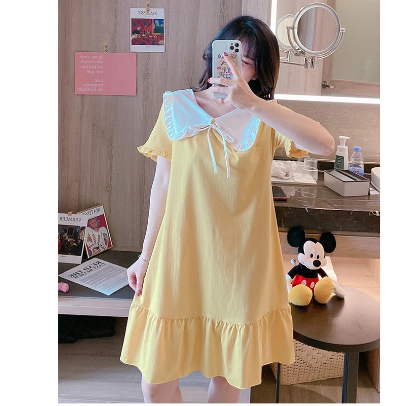 

Nightdress Short Sleeve Sleepdress Loose Casual Ins Style Nightwear Homewear Underwear Soft Cotton Yukata Nightgowns