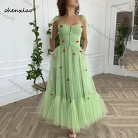 green short tulle evening dresss prom dresses cherry straps a line tiered buttons homecoming dress ankle length party gowns