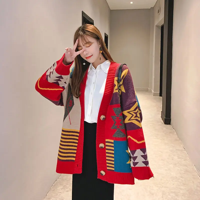 

Autumn Korea Women Outside Sweater Single-breasted Middle Cardigan Plaid Suits Ladies Casual Loose Regular Bottons Knitwear