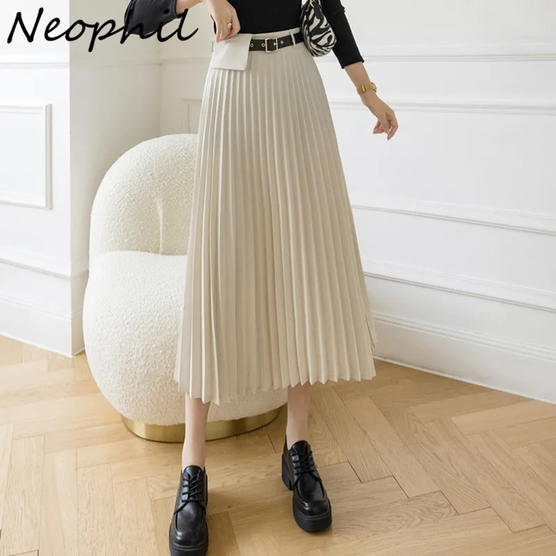 

Neophil Ladies Suede Pleated Midi A-Line Skirts 2021 Summer Women Sashes Preppy Style High Waist Longa Saia Falda Plisada S21503