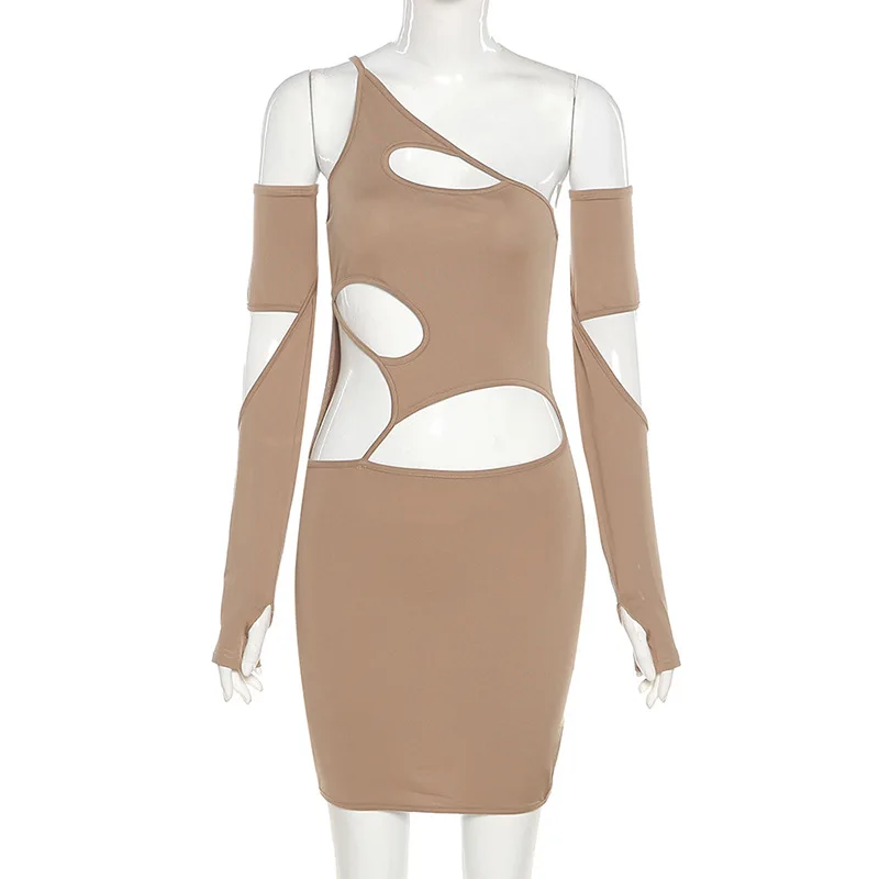 

Solid Color Hollow Out Dresses Ladies Streetwear Slash Neck Dress Summer Women Clothes High Waist Summer Dress Sundresses Women