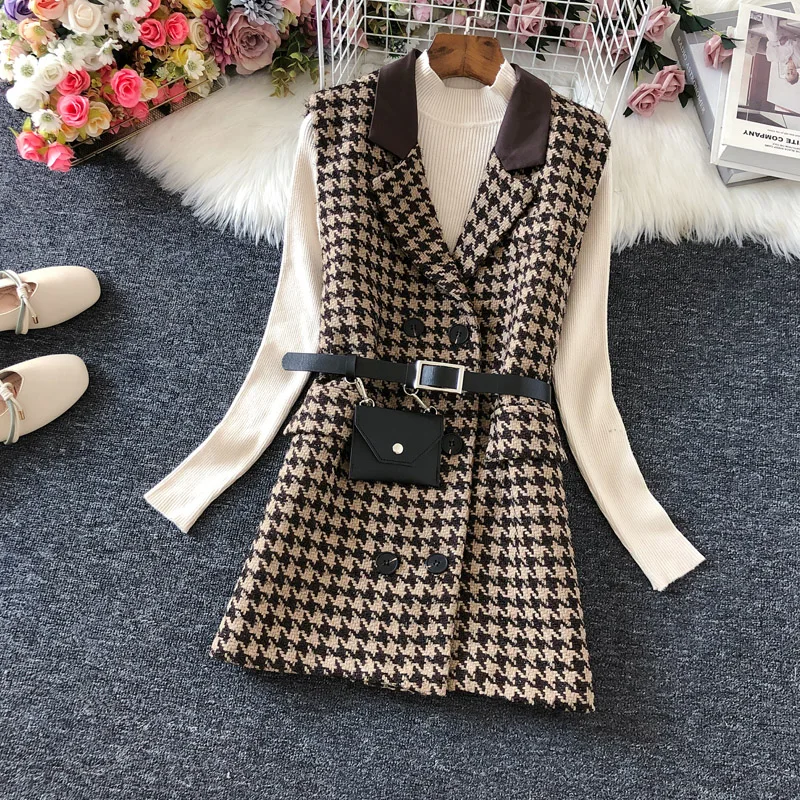 

double breasted waistcoat Autumn winter Houndstooth woolen vest women v-neck samll fragrance