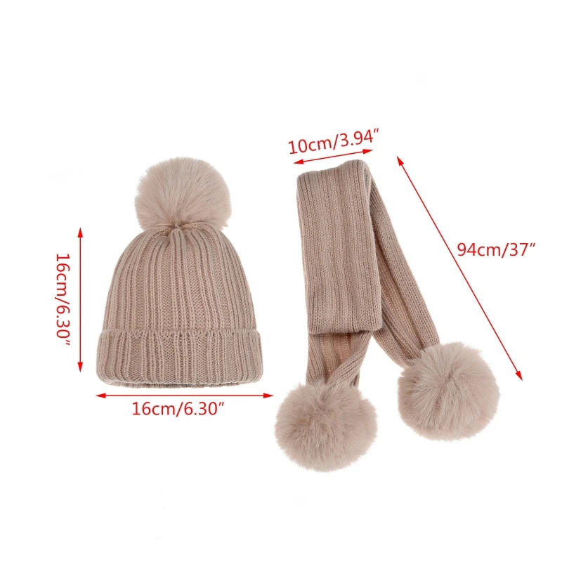 

Toddler Kids Winter Warm Knitted 2 Piece Hat and Long Scarf Set Ribbed Striped Solid Color Cute Pompom Cuffed Skull Cap