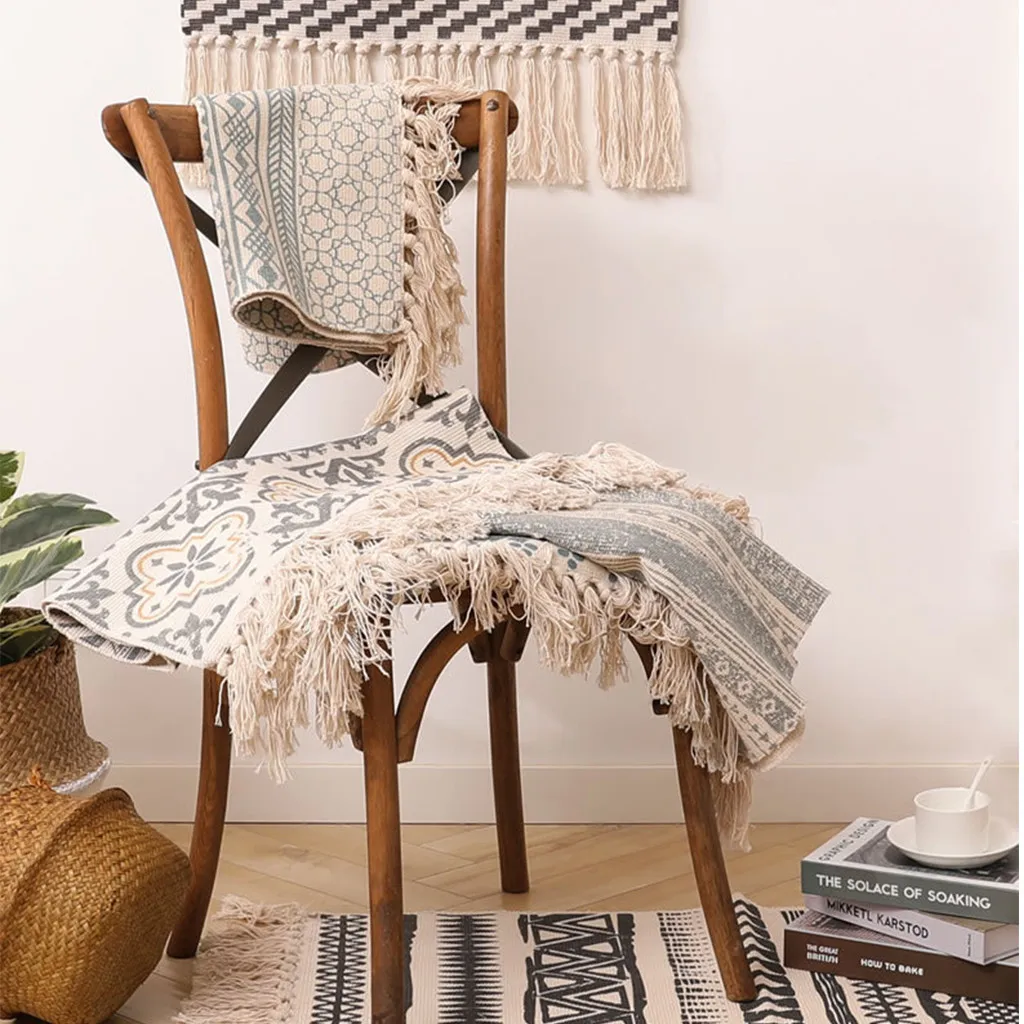 Богемный Плетеный вручную коврик из хлопка и льна с принтом растений