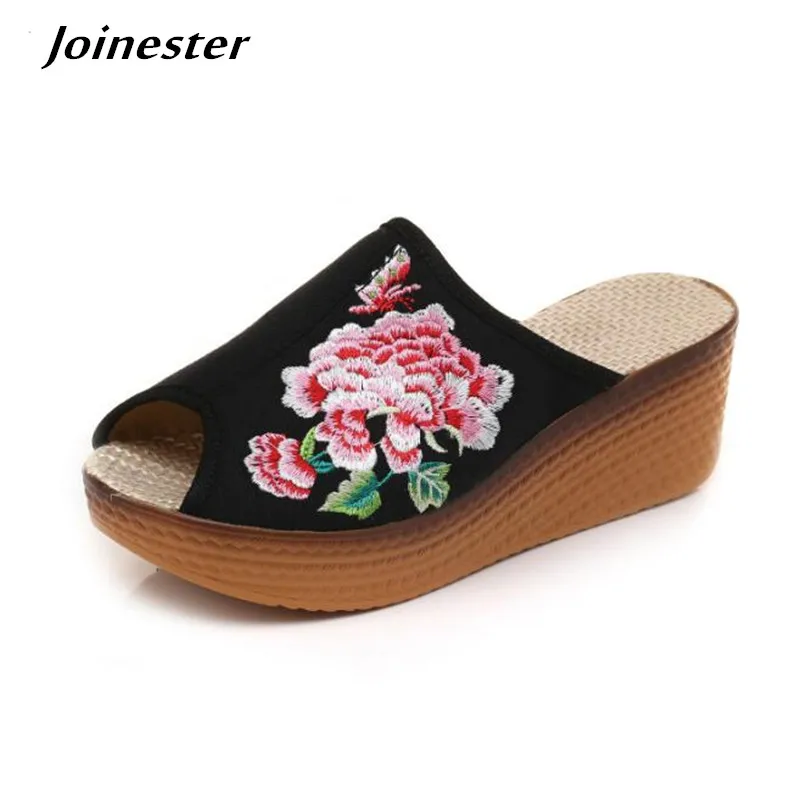 Open Mouth Canvas Wedge Slippers for Women Peep Toe Floral Embroidery Slides Platform Slippers Casual Summer Shoe Ladies Sandals