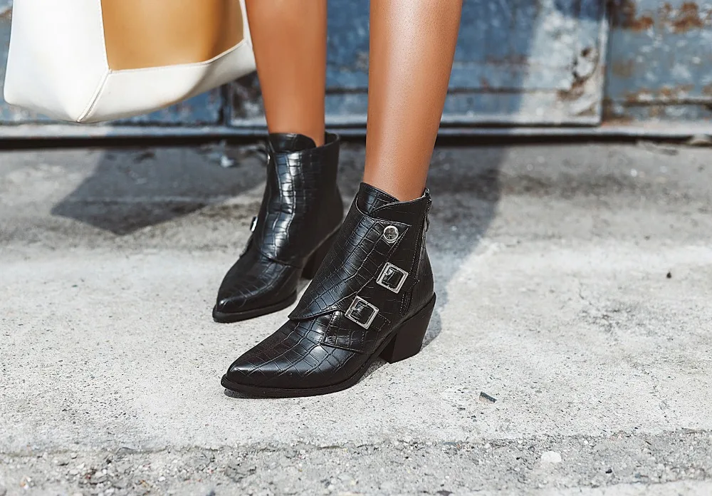 Женские ботильоны на высоком квадратном каблуке; botas zapatos mujer; зимняя кожаная обувь в стиле ретро; ботинки в ковбойском стиле; большие размеры