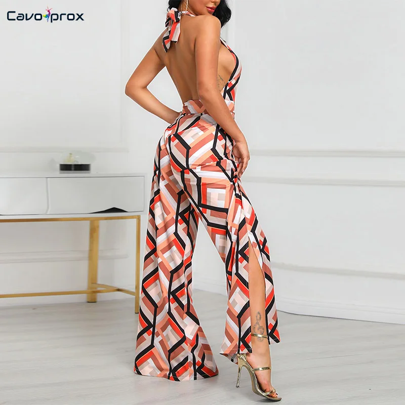Женский красочный комбинезон с геометрическим принтом разрезом и широкими