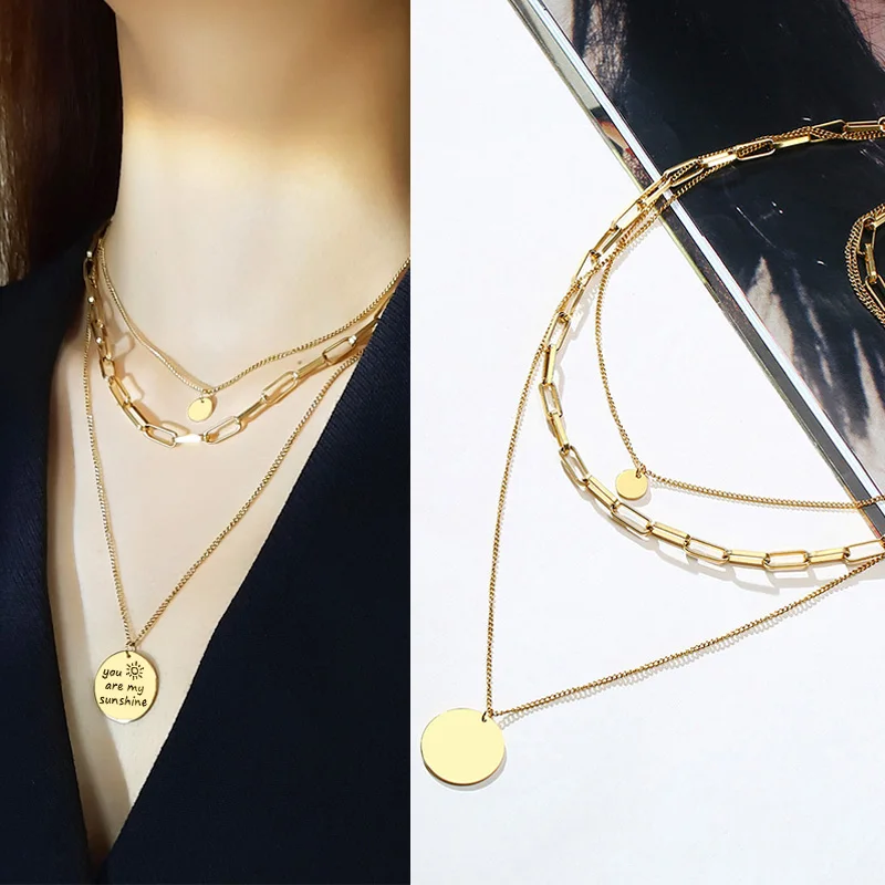

STACKING NECKLACE WOMEN ALTA CAPTURE NECKLACE DISK STACK LAYER NECKLACE SET IN GOLD COLOR