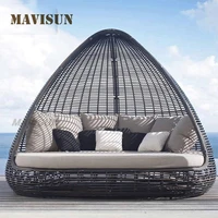 new open air rattan round bed leisure rattan lounge chair for balcony sofa combination beach recliner outdoor furniture set