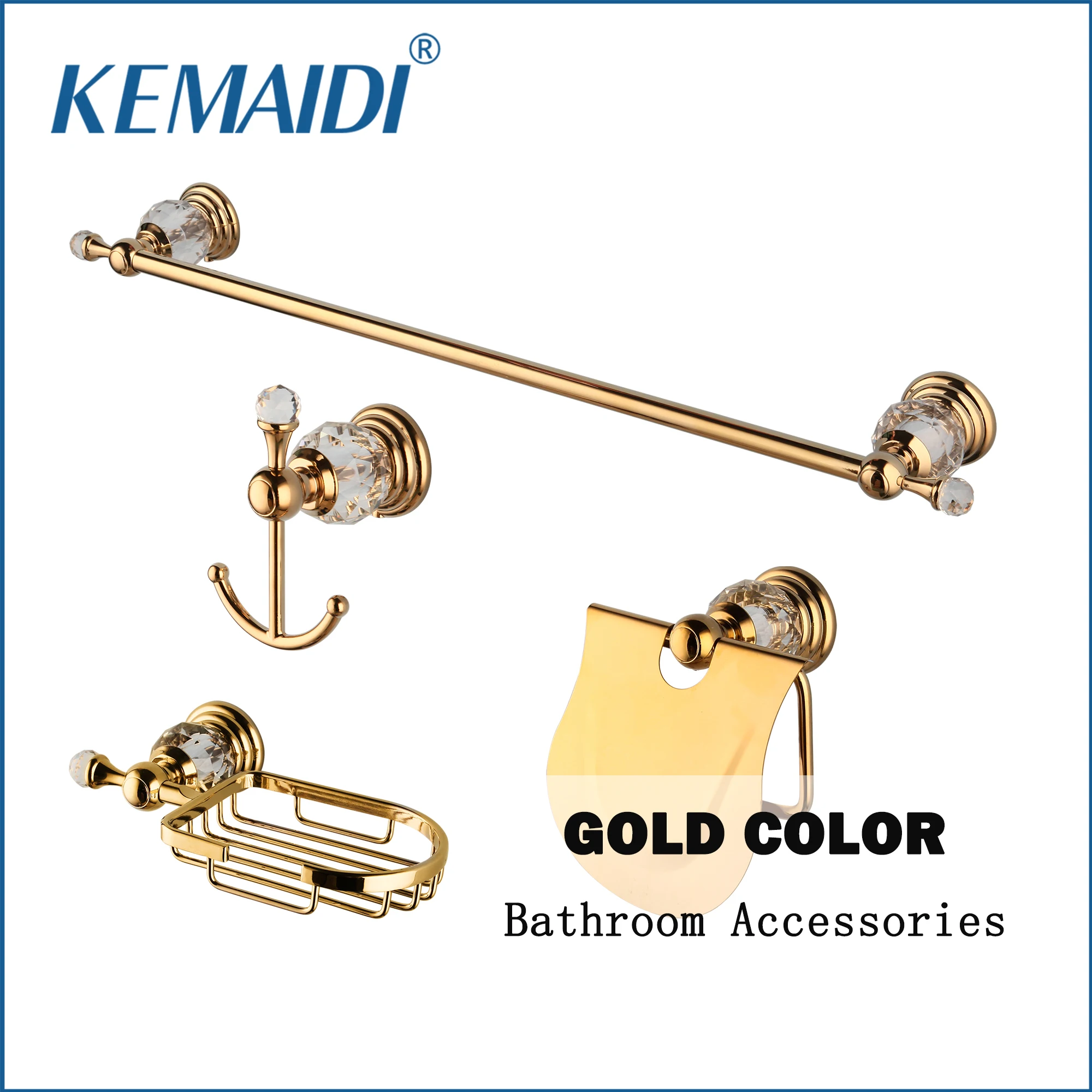 

KEMAIDI Luxury Crystal Golden Bathroom Hardware Set Accessories Shelf Paper Holder Coat Hook Towel Rack Classical Base Soap Hold