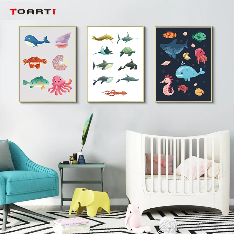 Океан под водой животные принты плакаты Мультфильм Акула черепаха Холст Картина