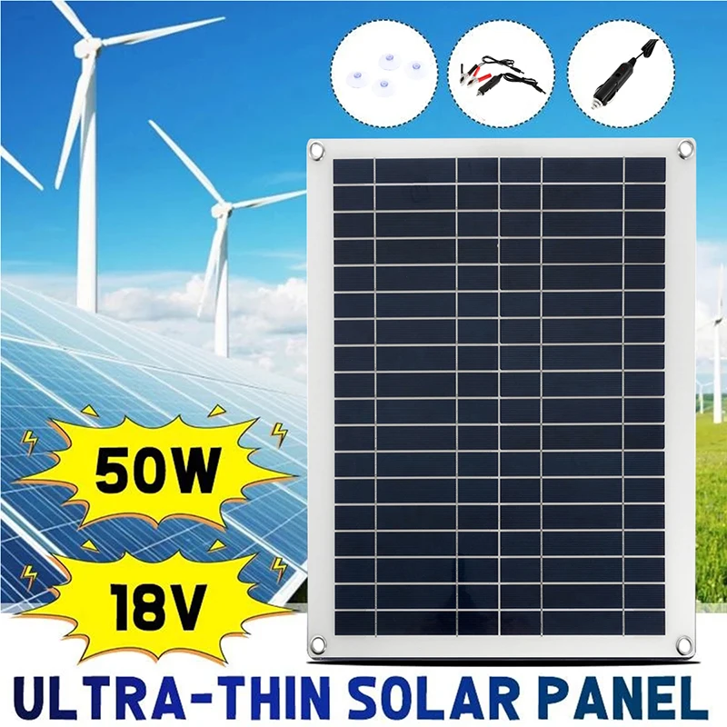 

50W Portable Solar Panel Double USB 12V With metal border silicon Solar Panel with Car Charger Crocodile clip ect for Camping