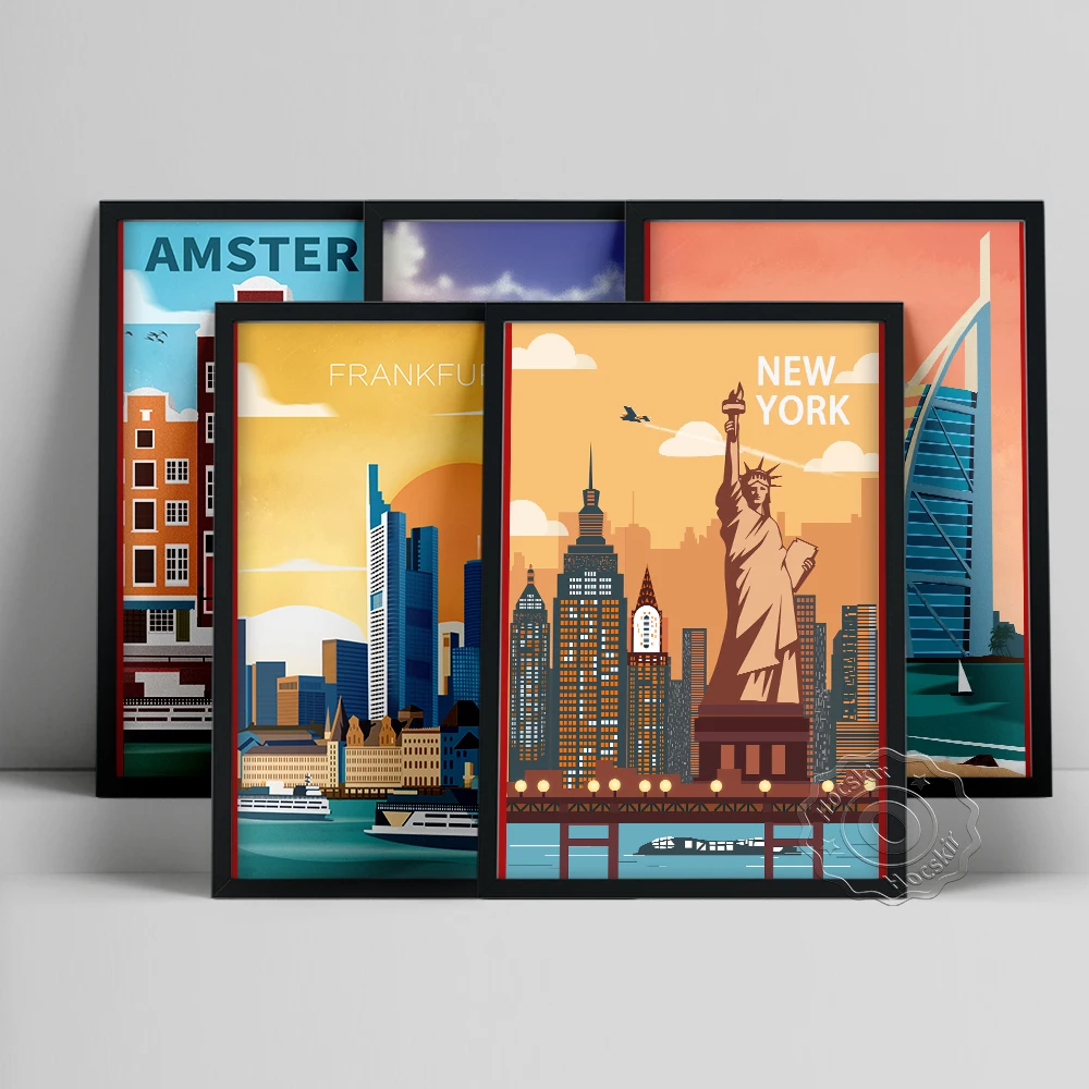 

Retro Promotional Poster, World Travel Prints Art, Amsterdam Frankfurt Dubai Brazil Rio New York Scenery Wall Picture, Tour Gift