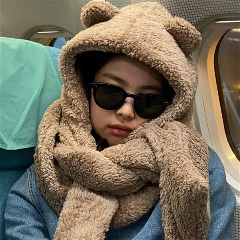 

Bear Ear Protection Hat Female Autumn Winter Cute Plush Scarf Hooded Korean Version Versatile Warm Trend