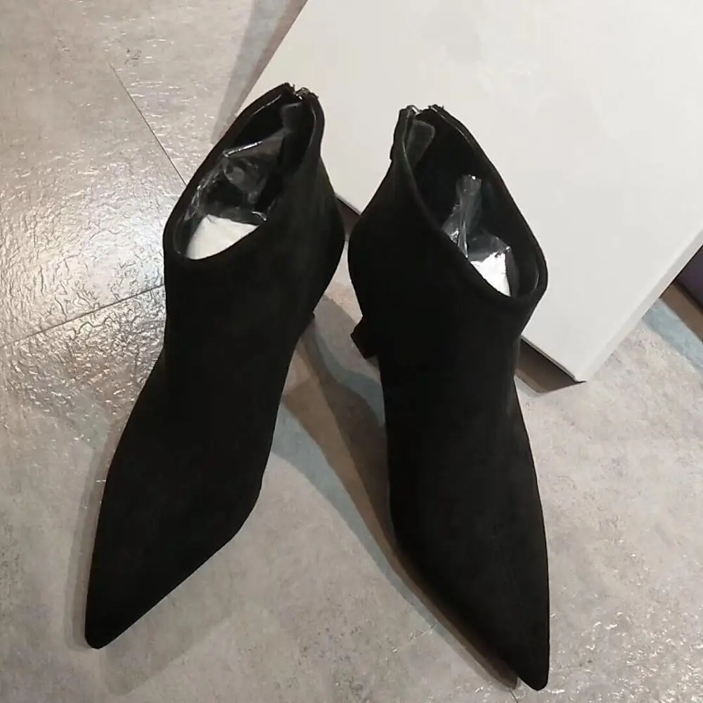 

Free shipping fashion trend women black suede point toe high heels ankle short tube boots shoes