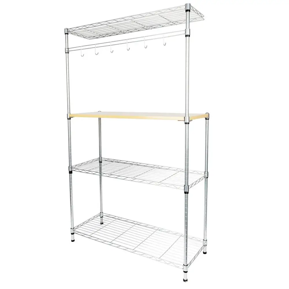 

4 Tier Powder Coating Baker Rack Silver Microwave Oven Rack with MDF Board