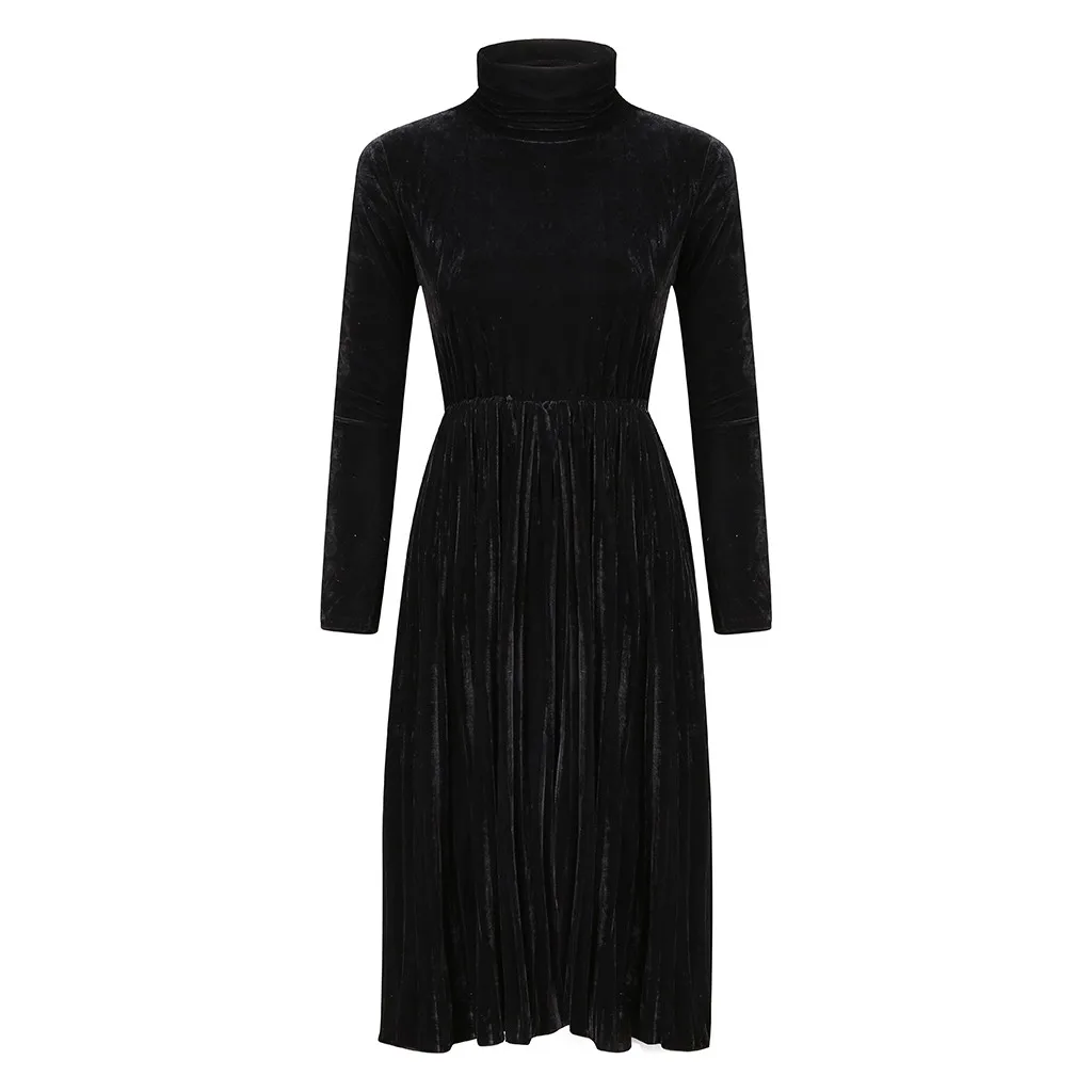 Formal Dress Women Elegant Sweet Evening Dresses 2019 Autumn Winter Ladeis Black Turtleneck Long Sleeve Sundress vestidos | Женская