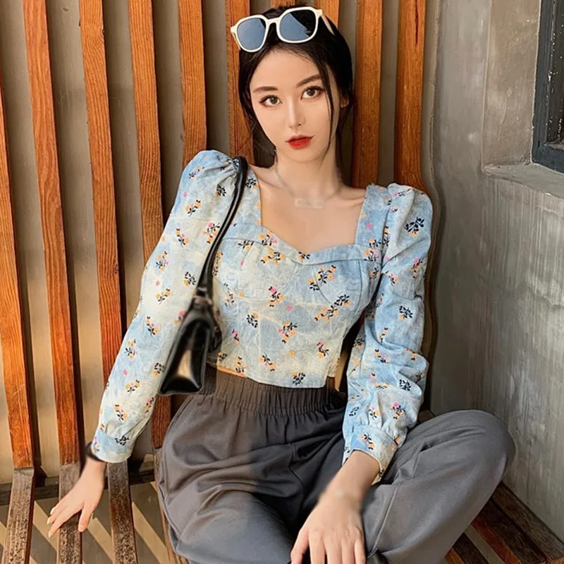 

Women Floral Tops Square Collar Sexy Sweet Exposed Navel Puff Sleeve Denim Shirt Retro Blouse
