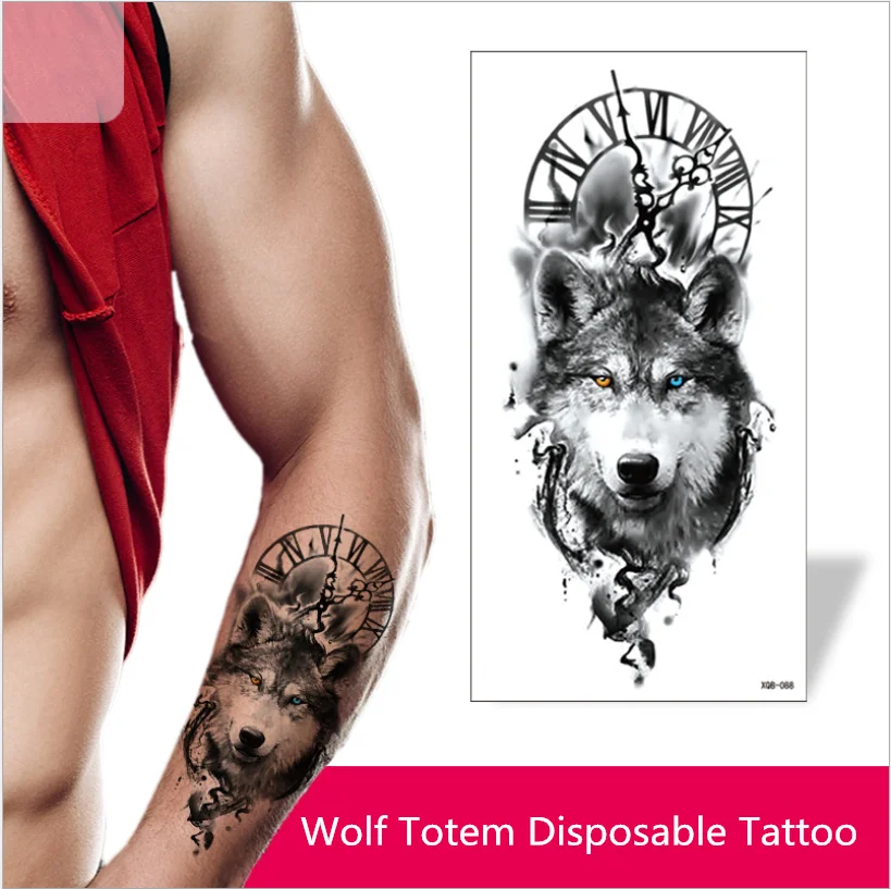 

Waterproof temporary tattoo sticker clock orange blue eyes wolf flash tattoo lion compass body art weapon fake tattoo woman man