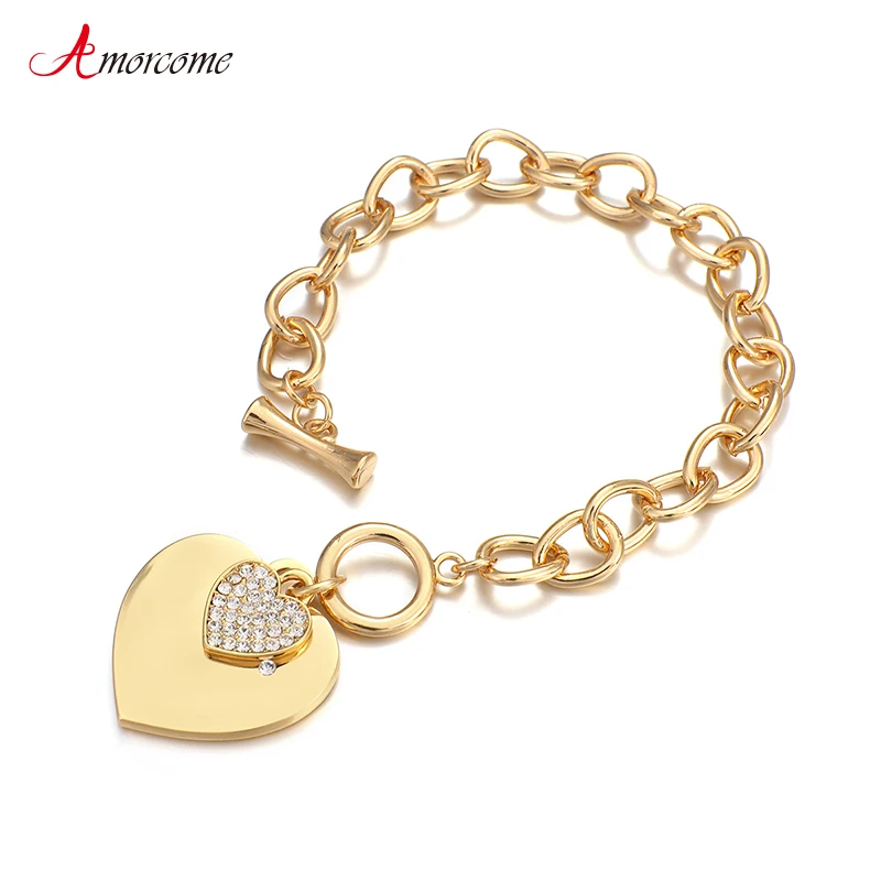 

Amorcome Fashion Double Love Heart Charm Bracelets for Women Chunky Thick Chain Bracelets Pulseira Valentine's Day Gift Jewelry