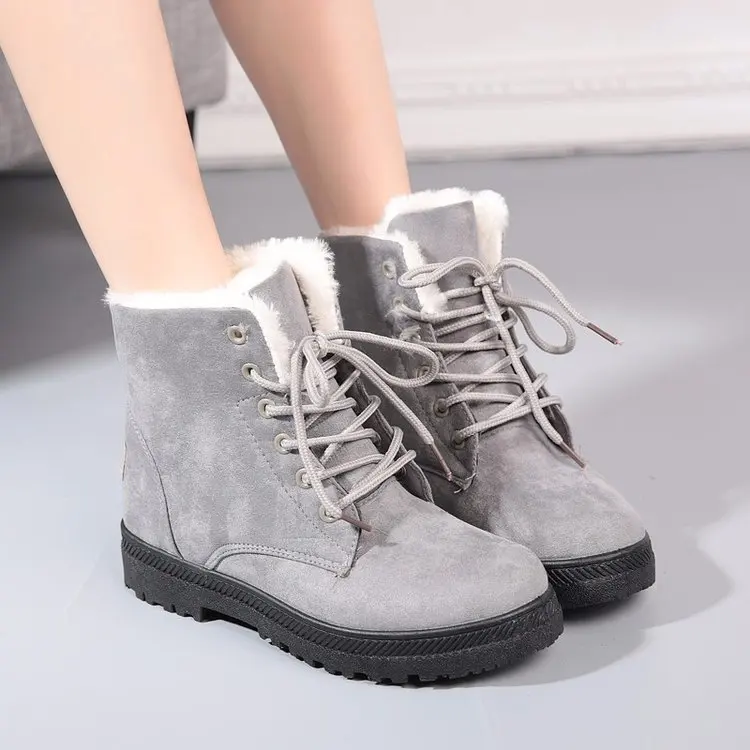 

2021 New Snow boots warm plush women winter boots square heels flock ankle boots women shoes lace-up winter shoes woman