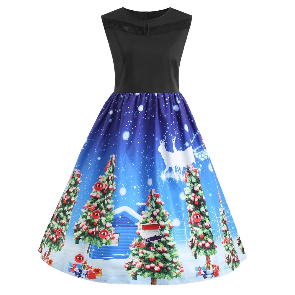 kerstjurk christmas dress women Sleeveless Christmas Printed Dress Evening patchwork Costume Swing mini | Женская одежда