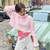 winter women pullover sweaters fashion long sleeve turtleneck loose fitting female jumpers sexy expose navel short tops hot sale
