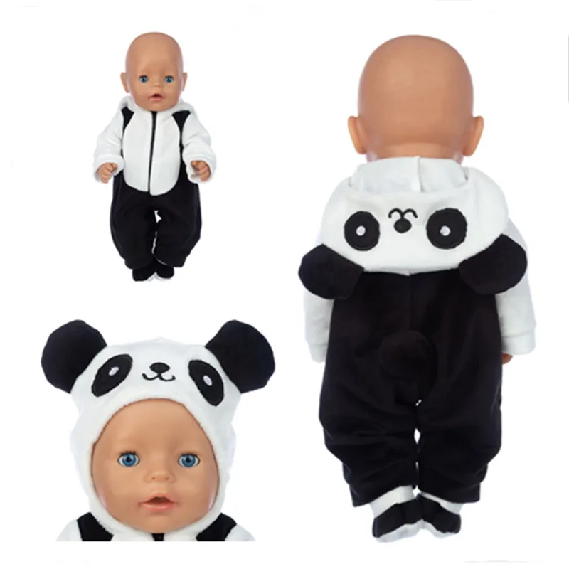 

2021 Baby New Born Fit 18 inch 43cm Doll Clothes Accessories Black And White Bear One-piece Clothes For Baby Birthday Gift