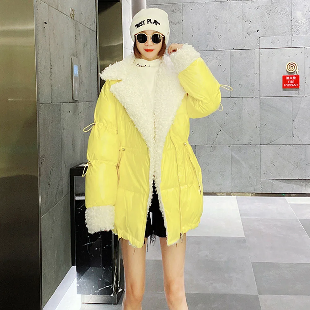 

Women Down Cotton-Padded Coat 2021 Loose Korean Style Fur Collar Bread Overcoat Bright Candy Color Winter Jacket