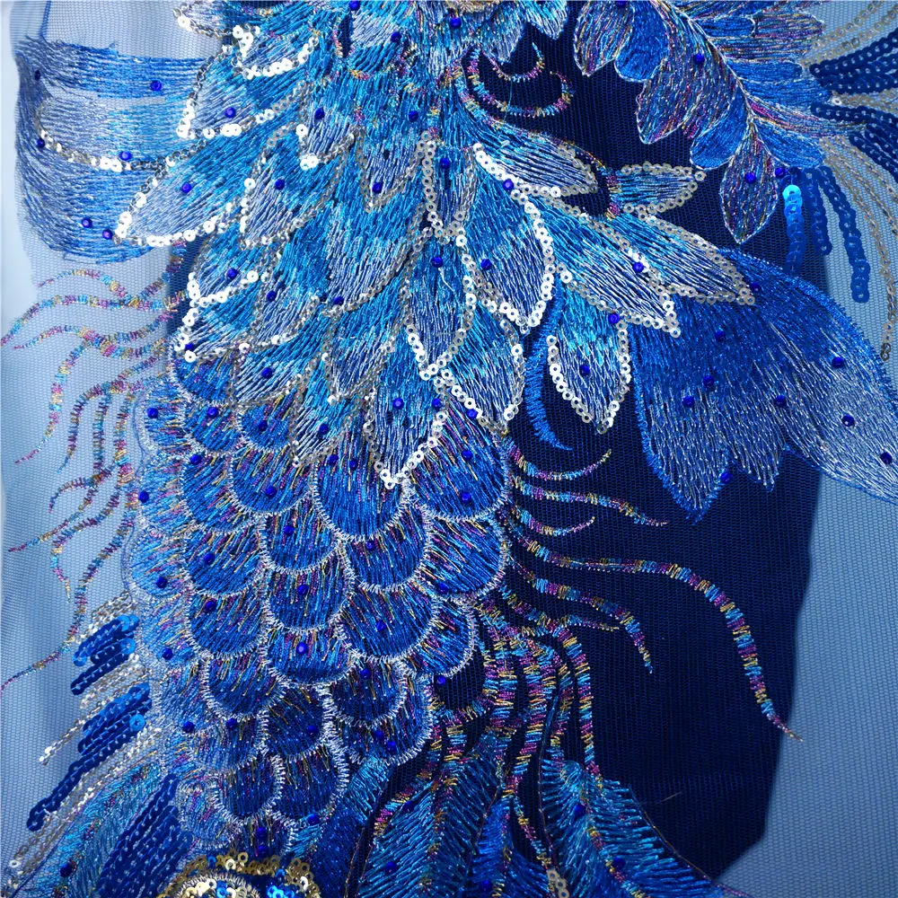 130 см Королевский синий Феникс Павлин кружевная ткань Блестки цветок Стразы