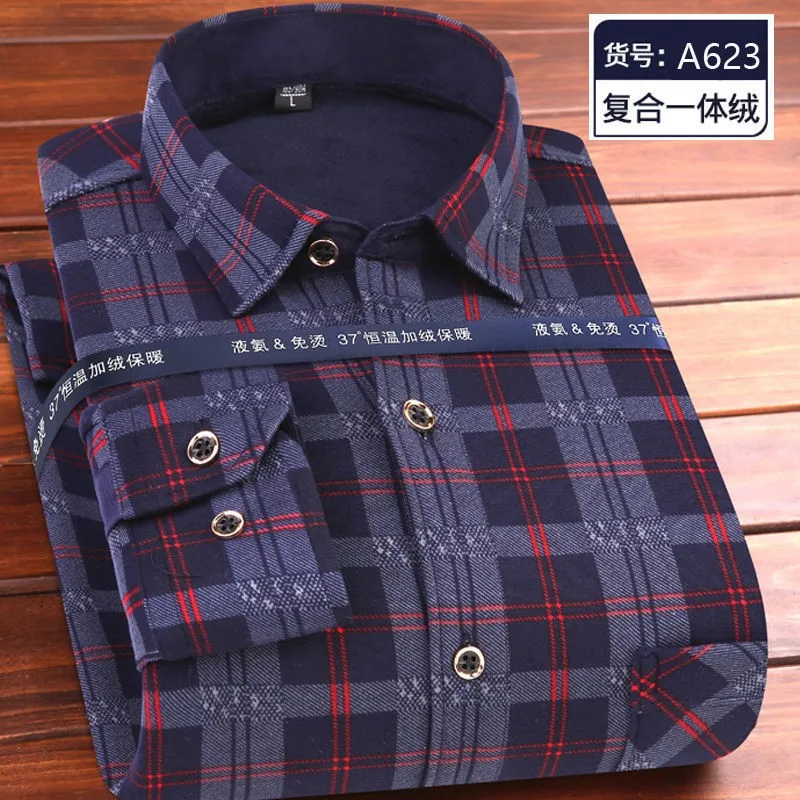 

Autumn Winter Mens Long Sleeve Plaid Warm Thicken Fleece Lined Shirt Fashion Soft Casual Flannel Dress Shirt Plus Big Size L-4XL