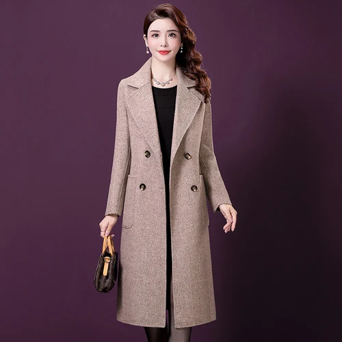 

2019 Autumn Winter New Style Fashion Double Breasted Middle Aged Woolen Overcoat Elegant Temperament Slim Thickened Mother Tops
