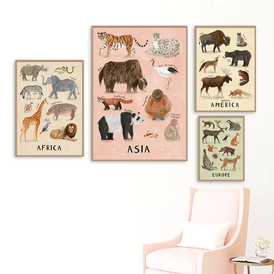 Антарктика Америка Европа Азия Африка животные настенная живопись холст