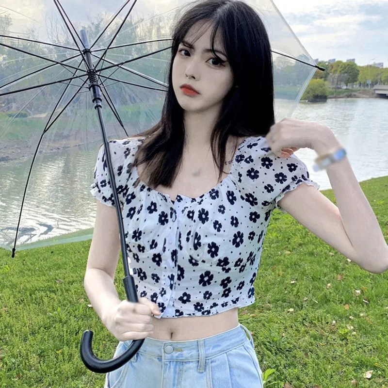 

Puff Sleeve Floral Printed Blusas Women Square Neck Short Shirts Female Sweet Cute Cozy Blouses Soft Crop Tops Femme Ropa Mujer