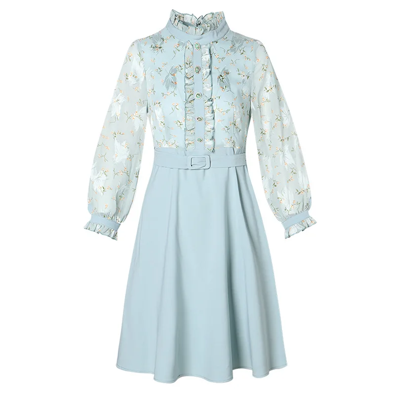 

D211208 a new mini fresh standing collar long sleeve print dress for early spring 2021