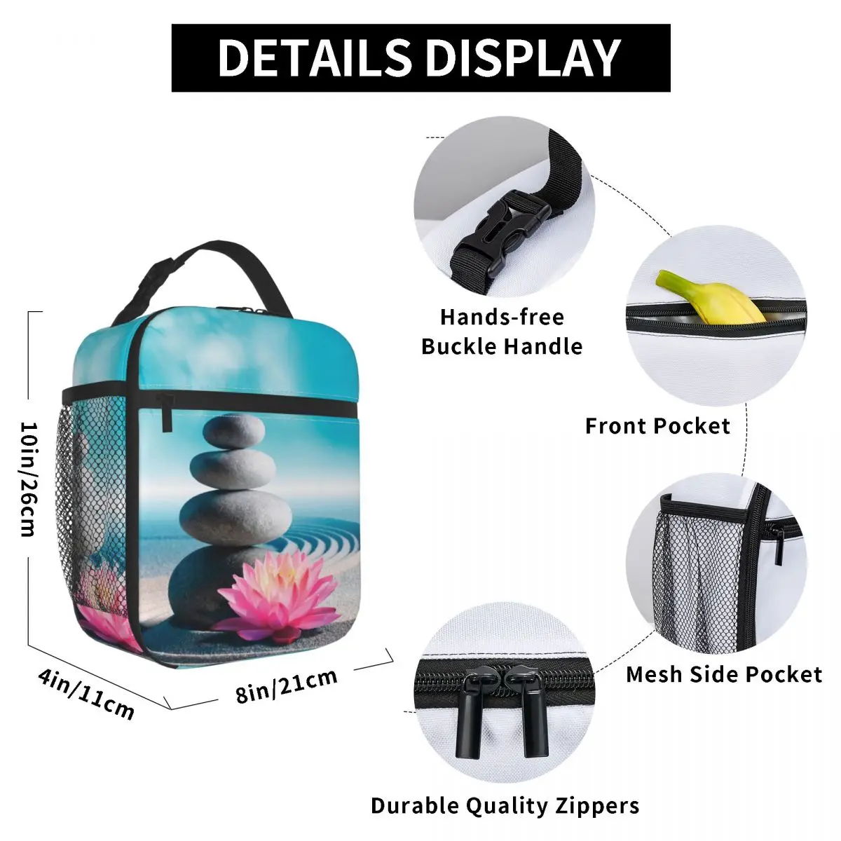 

Sand Spa Stones In Zen Garden Lunch Bag for Women Men Large Insulated Lunch Box with Water Bottle Holder and Pockets