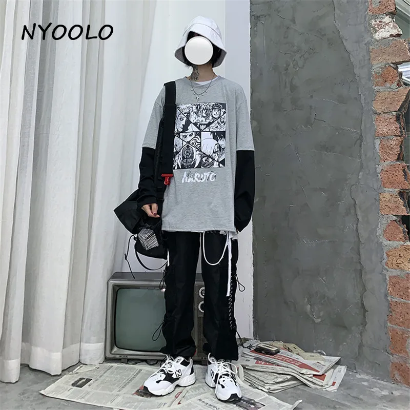 NYOOLO Harajuku Винтаж Наруто с буквенным принтом поддельные 2 шт. Лоскутная футболка осень уличная одежда с длинным рукавом Футболка для женщин и мужчин