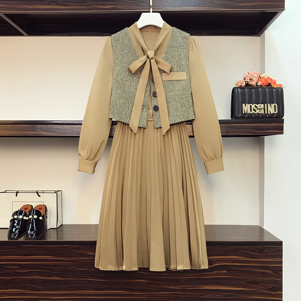 

Plus Size Autumn French Vintage Dress Suits Korean Casual Vest+Bow Collar Long Sleeve Pleated Dress Two Piece Set Office Ladies