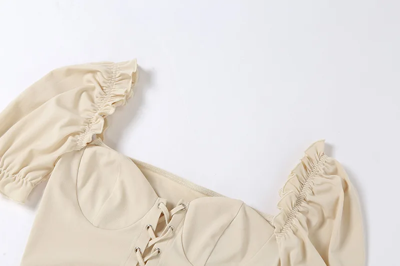 

solid color vintage retro crop top shirt women bandage lace up square collar ruffles ruched open back bodycon blouse puff sleeve