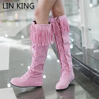lin king vintage tassel women long boots round toe flats motorcycle shoes fashion woman lace up knee high boots plus size 34 43
