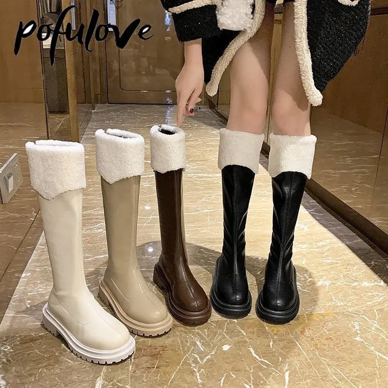 Зимние сапоги Pofulove на платформе кожаные с мехом высокие до бедра плоской подошве
