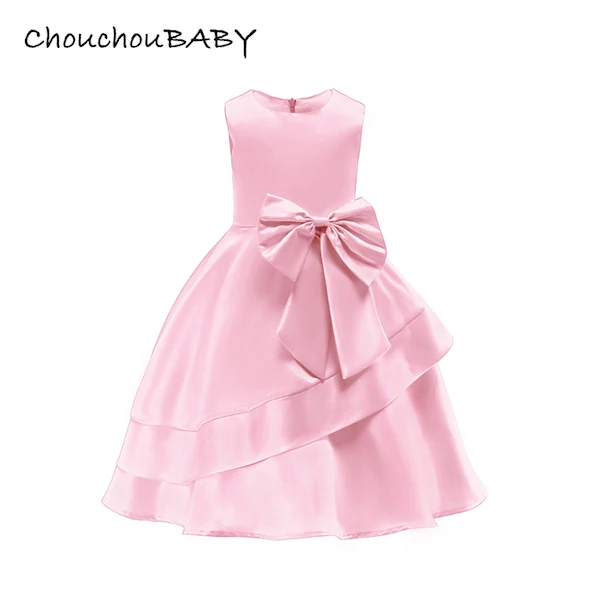 PINK Petit Camelia/однотонное платье принцессы с круглым вырезом, бантом и рюшами; платья для маленьких девочек; Детский костюм; детская одежда для девочек на день рождения - Цвет: PINK