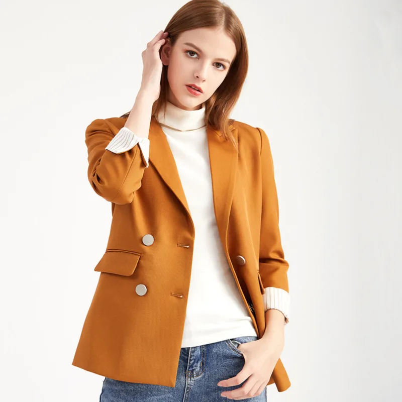 

Осень 2021, модная женская Стильная двубортная приталенная куртка Bazlers с длинным рукавом, шикарная Повседневная однотонная желтая куртка