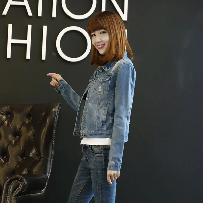 

Denim Jacket Women Autumn Fashion Casual Long Sleeve Korean Jacket Short Slim Ripped All-match Top plus size coat clothes