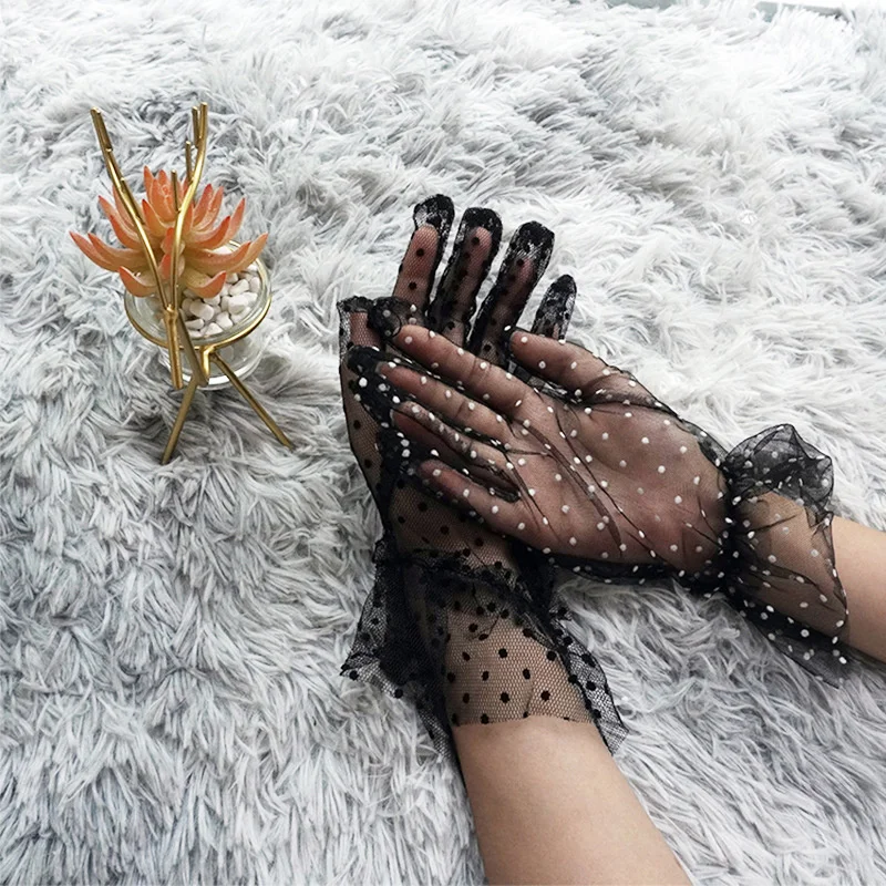 

Lace Mesh Dot Short Tulle Gloves For Women Sexy Transparent Party Wedding Gloves Gauze Ultra Thin Black Sexy Thin Female Gloves