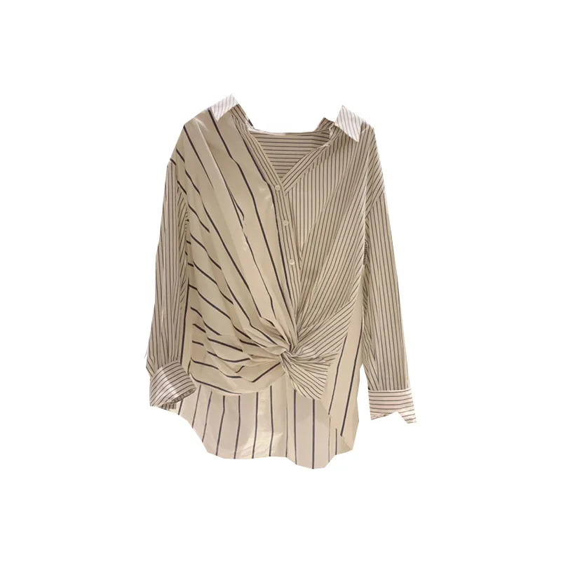 

2021 Spring Women Shirts Striped Patchwork Twist Irregular Vintage Long Sleeve Tops and Blouses Blusas Mujer De Moda 2020
