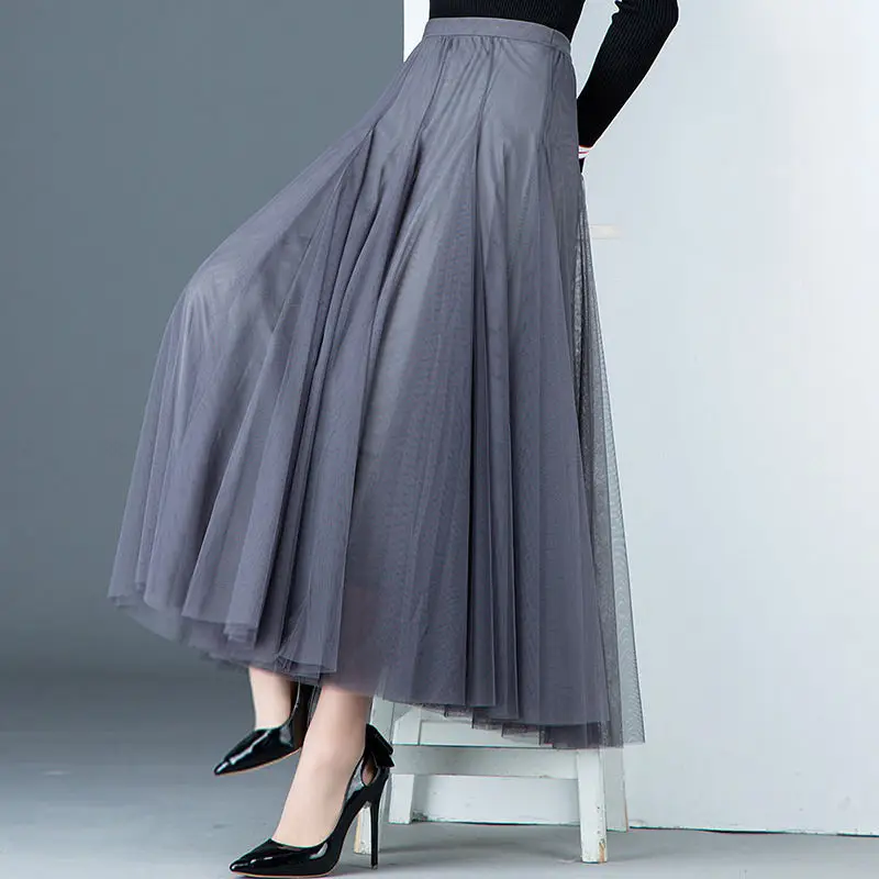 

Mesh Long Women Skirts Summer New 2021 A-Line High Waist Solid Elegant Office Lady Pleated Skirts Clothing Top Quality