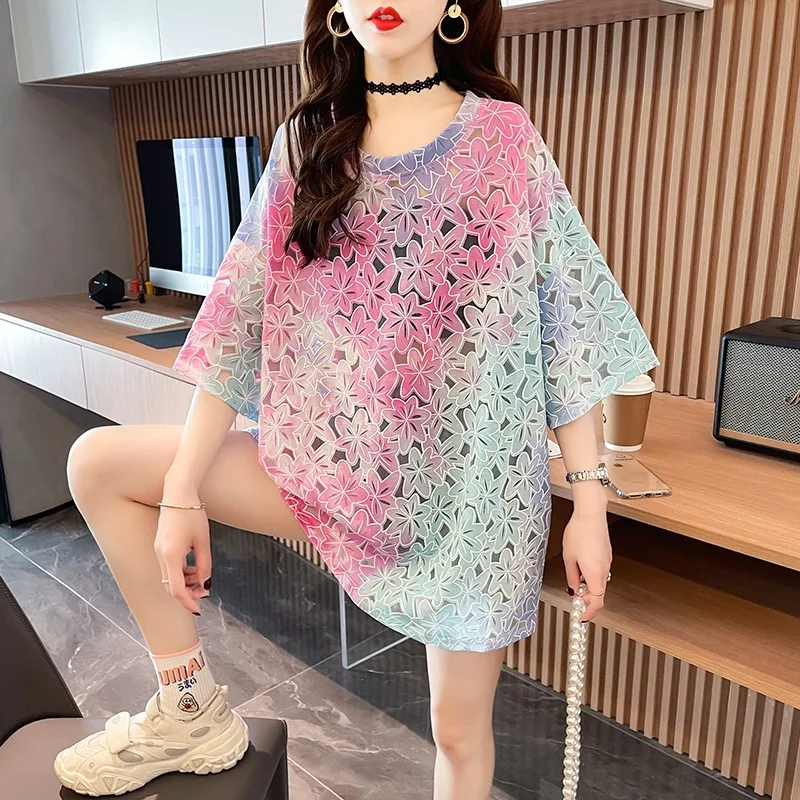 

Fashion Women T-Shirts 2021 Summer Blouse Printing Purple Long Loose Tees Casual Plus Size Women Shirt Female Clothes Ladies Top