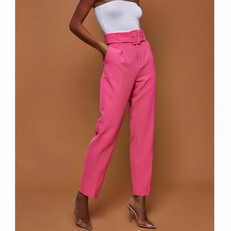 

Color White Khaki Capri-Pants Straight Trousers with Waistband Pantalones Mujer Cintura Alta Womens Casual Pants High Waist Pure